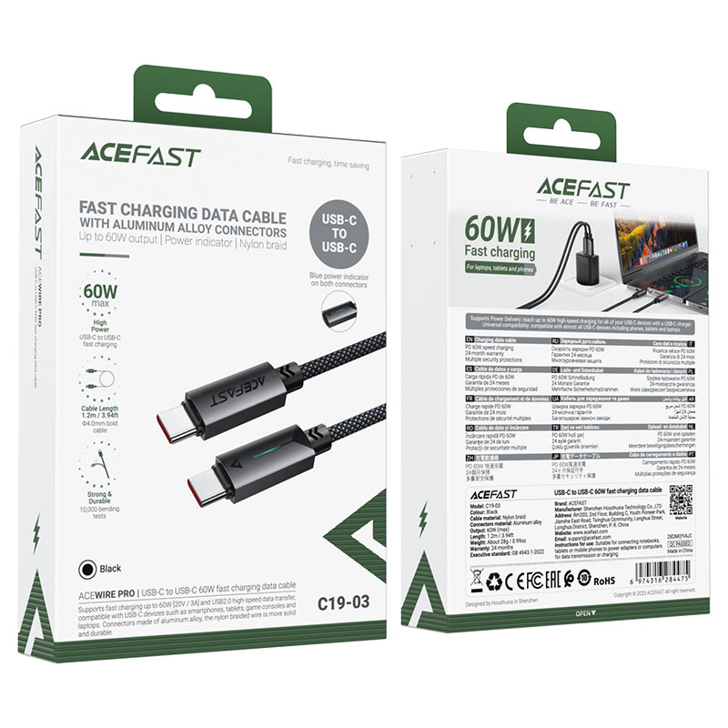 AceFast | 18476 | C19-03 | Usb C To Usb C 60W Fast Charging Data Cable | Black AceFast | 18476 | C19-03 | Usb C To Usb C 60W Fast Charging Data Cable | Black